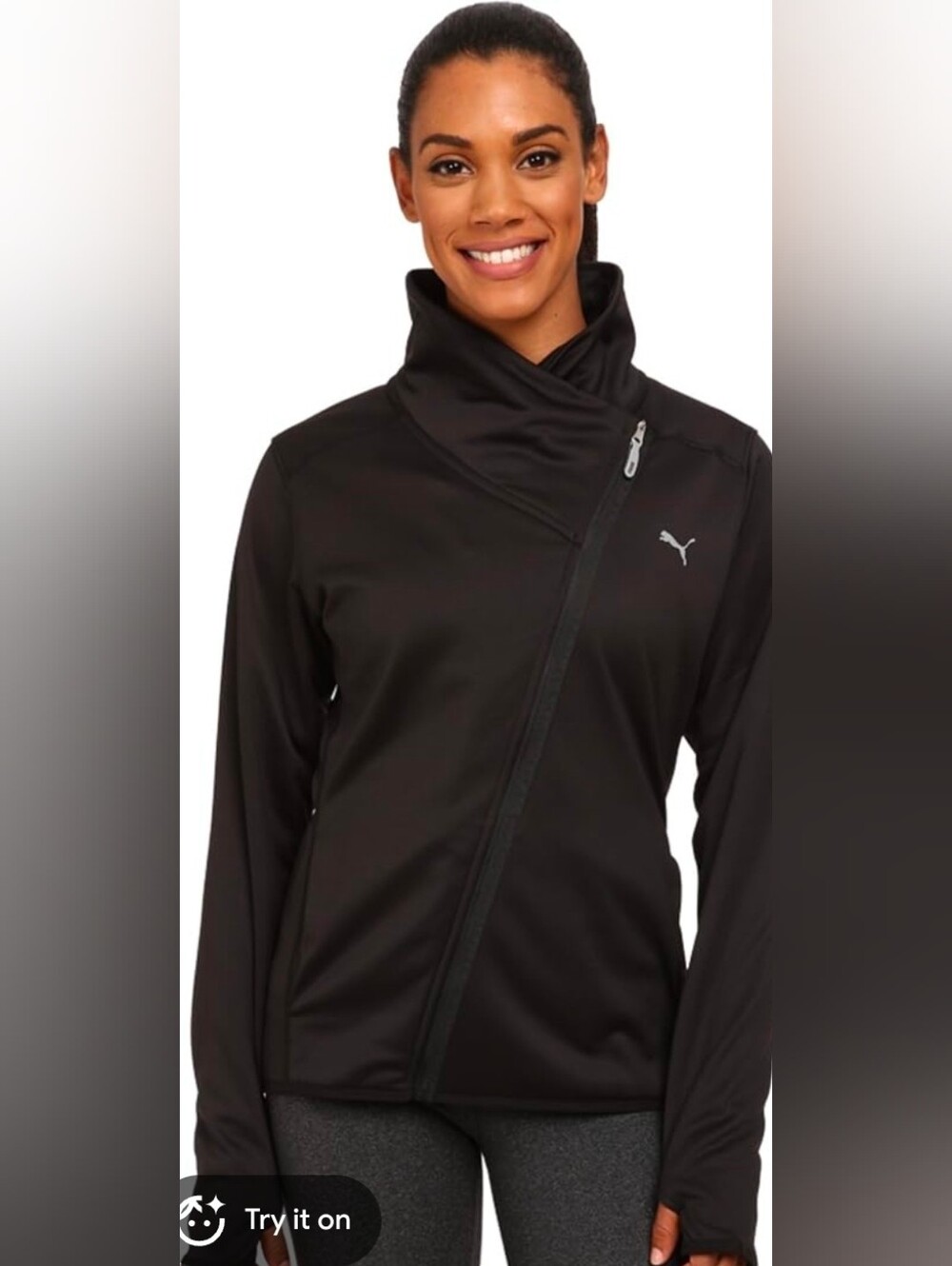NWT Puma Ladies Asym Jacket Black Cowl Neck Zip Up Size S